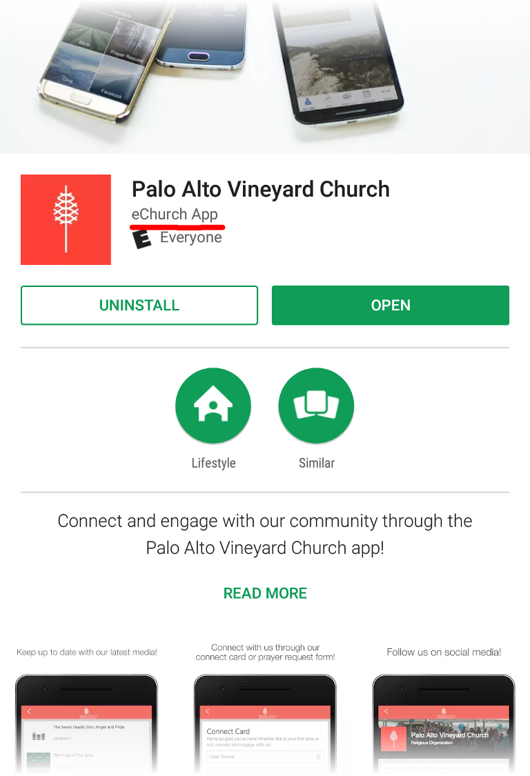 Screenshot of an echurch app in the Google Play Store, with the 'echurch App' label underlined.