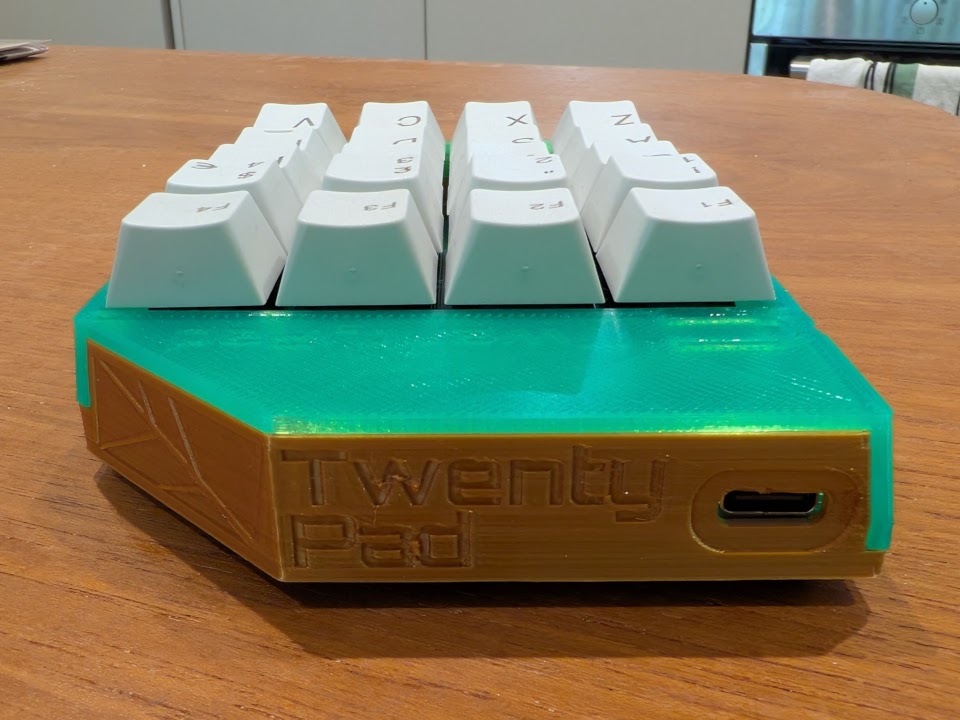 View of the back side of a TwentyPad, showing the "TwentyPad" label next to the USB-C port